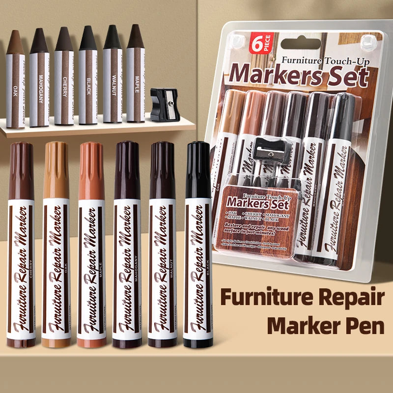 13pcs Furniture Markers Crayon Sharpener Set, Wood Scratch Repair Kit Waterproof Pen for Floors, Tables, Desks, Stains Oak Maple